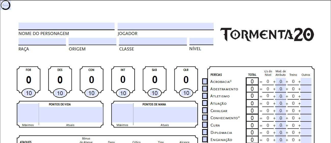 Ficha de Personagem Tormenta 20. Cabeçalho da FichaT20 v 1.5.a.