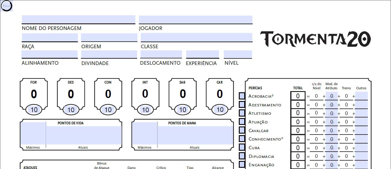 Ficha de Personagem Tormenta 20. Cabeçalho da FichaT20 v 1.5.b, com campos adicionais.